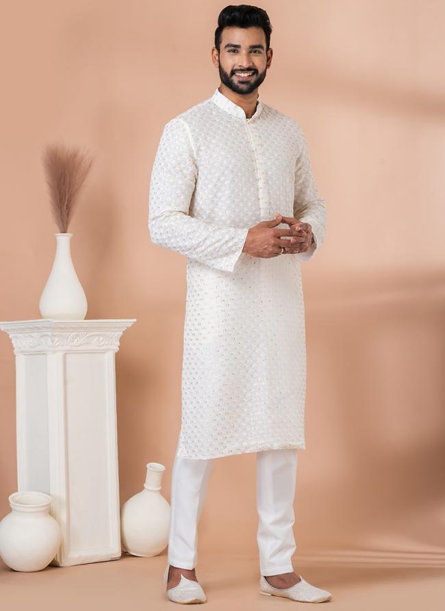 Georgette White Festival Wear Sequins Work Readymade Kurta Pajama